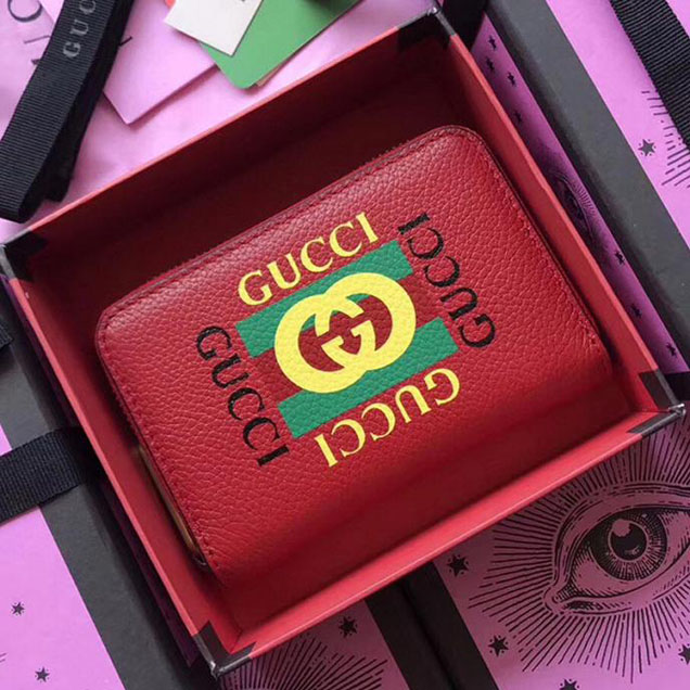 Gucci Print Leather Card Case Wallet 496319 Red