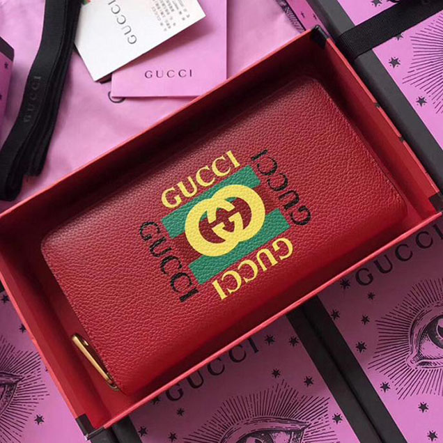 Gucci Print Leather Zip Around Wallet 496317 Red