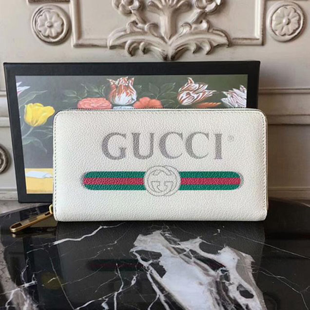 Gucci Print Leather Zip Around Wallet 496317 White