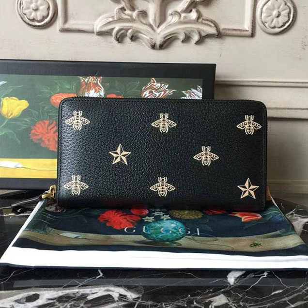 Gucci Bee Star Leather Zip Around Wallet 495062