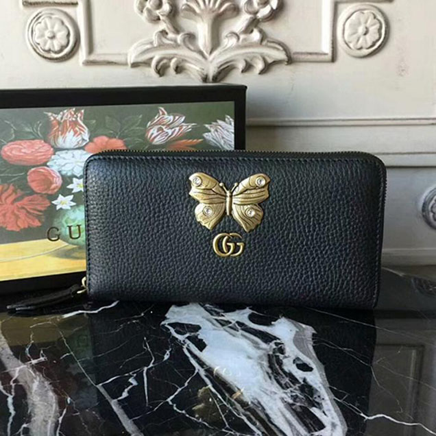 Gucci Leather Zip Around Wallet With Butterfly 499363 Black