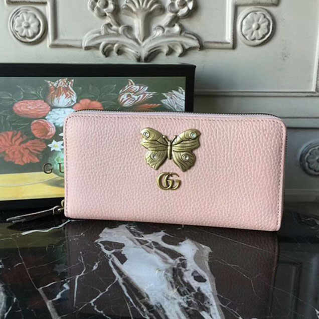 Gucci Leather Zip Around Wallet With Butterfly 499363 Pink