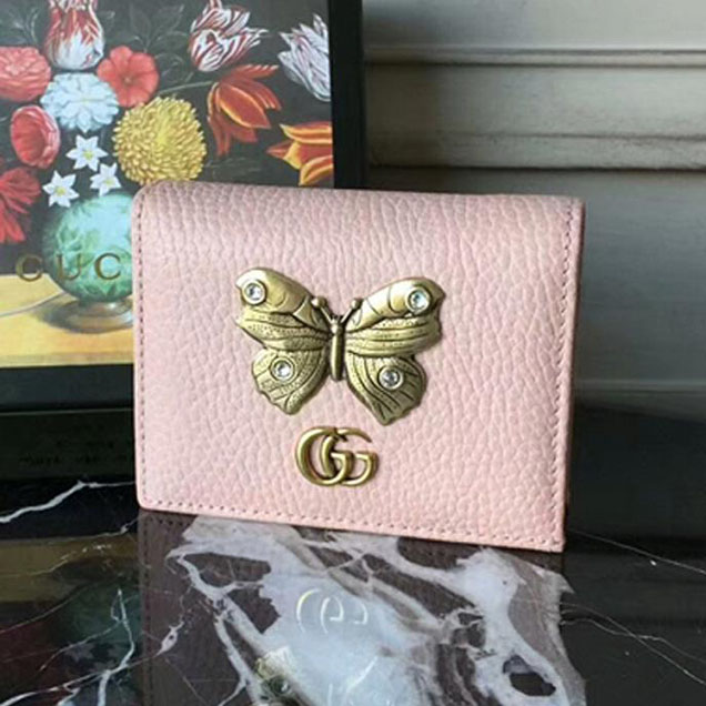 Gucci Leather Card Case With Butterfly Wallet 499361 Pink