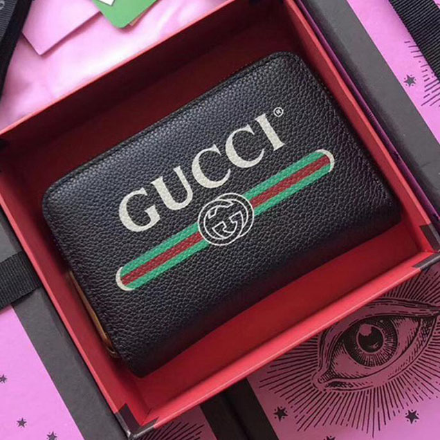 Gucci Print Leather Card Case Wallet 496319 Black