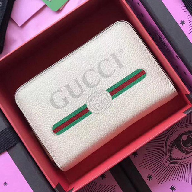 Gucci Print Leather Card Case Wallet 496319 White