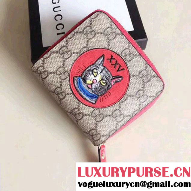 Gucci GG Supreme Mini Zip Wallet With Cat Patch 499382 Red 2018 (MH-8012516 )