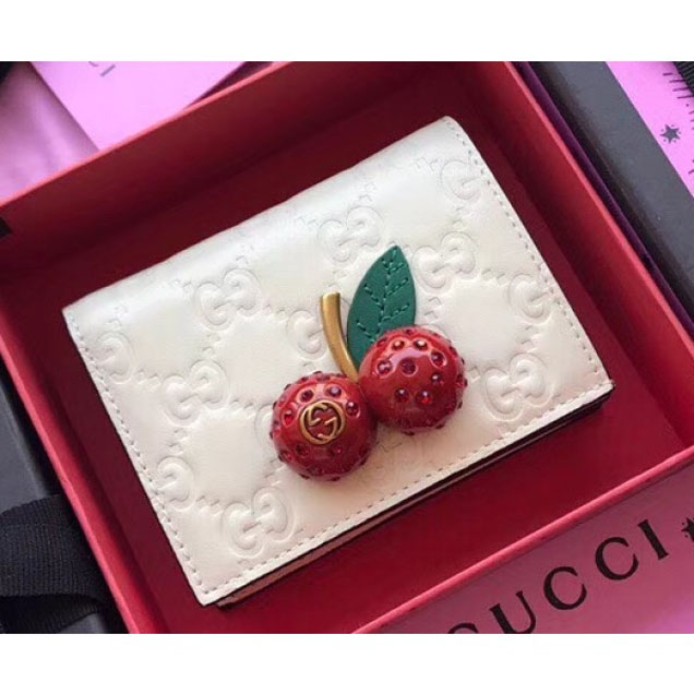 Gucci Signature Leather Card Case With Cherries 476050 White 2018