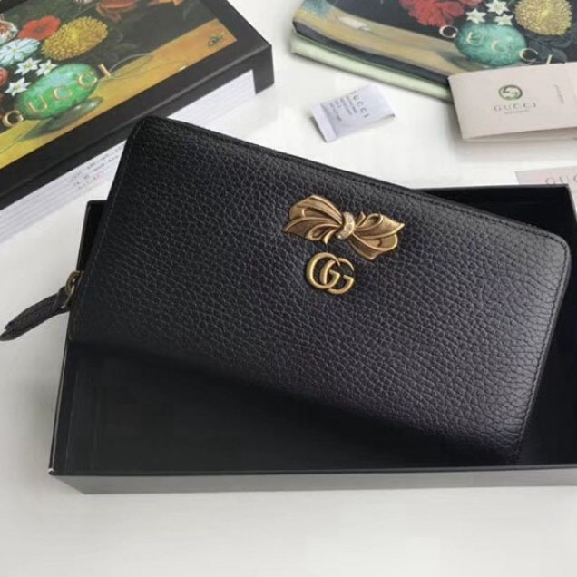 Gucci Leather Zip Around Wallet with Bow 524291 Black 2018 Collection