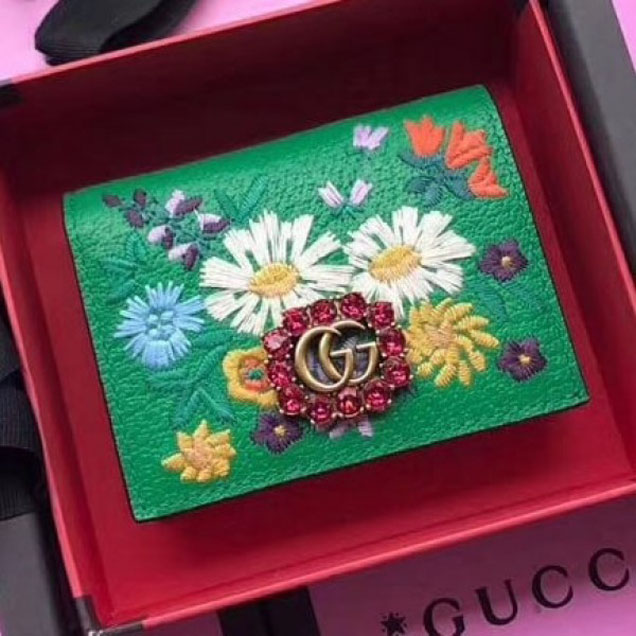 Gucci Embroidered Leather Card Holder 499311 Green 2018 Collection