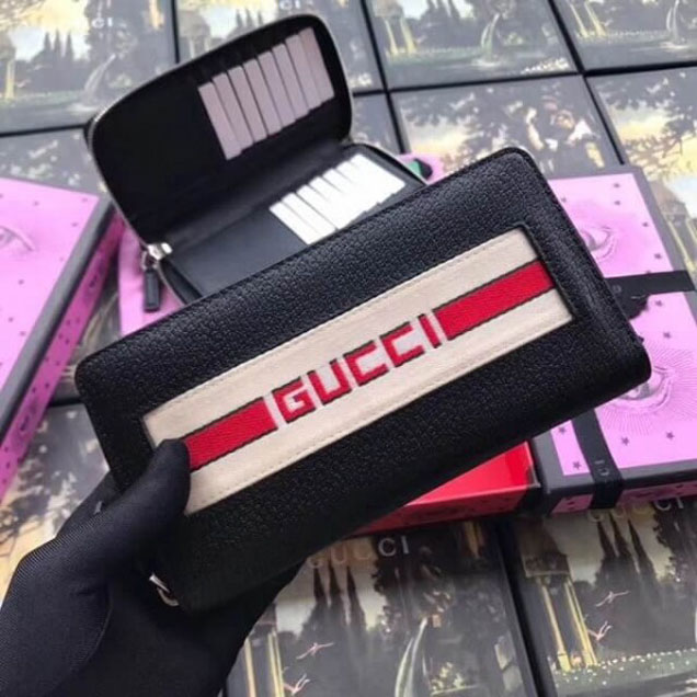 Gucci Strap Leather Zip Around Wallet Black 2018 Collection