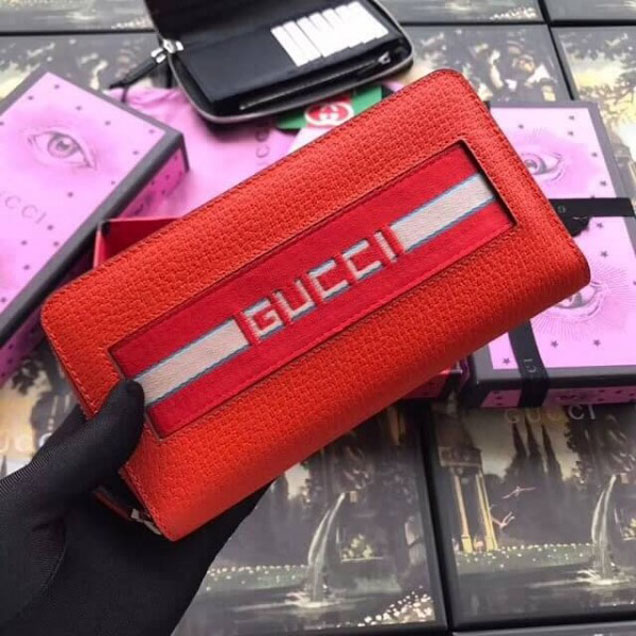 Gucci Strap Leather Zip Around Wallet Red 2018 Collection