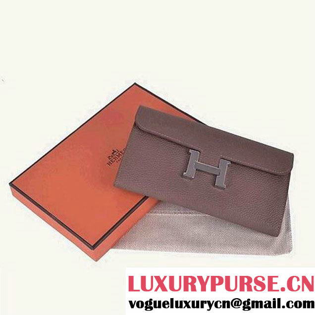 Hermes Constance Long Wallets Khaki Calfskin Leather Silver