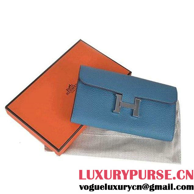 Top Quality Hermes Constance Long Wallets Blue Calfskin Leather Silver