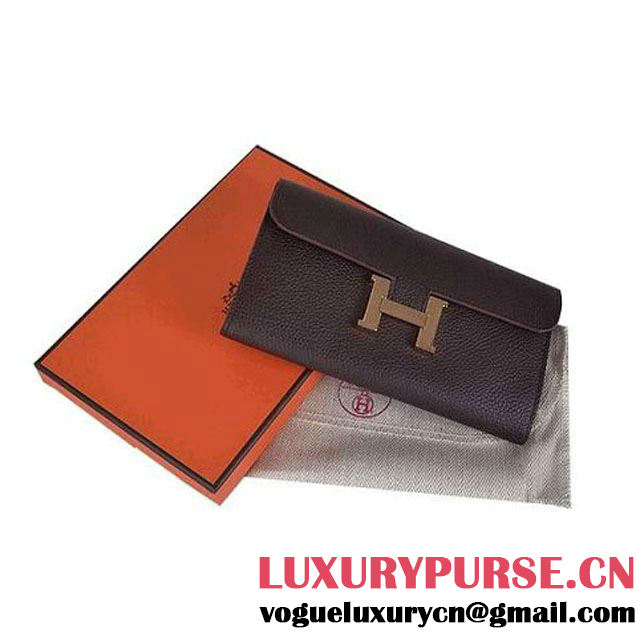 Hermes Constance Long Wallets Brown Calfskin Leather Gold