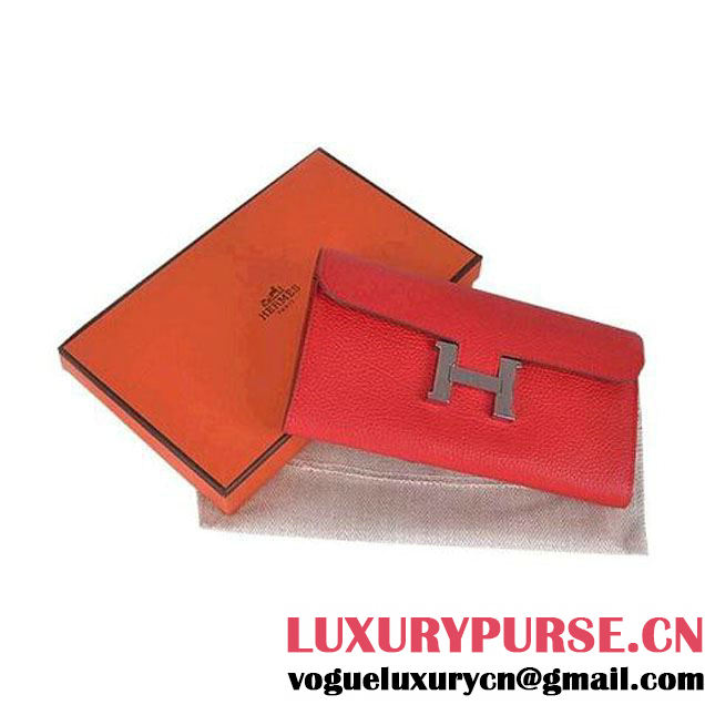 Hermes Constance Long Wallets Red Calfskin Leather Silver