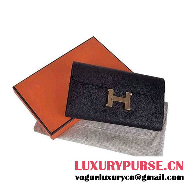 Hermes Constance Long Wallets Black Calfskin Leather Gold