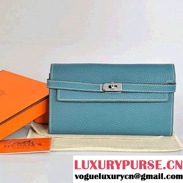 Hermes Kelly Wallet Togo Leather Bi-Fold Purse A708 Blue