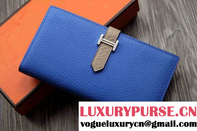 Hermes Epsom Calfskin Bi-Color Wallet with Gusset H Blue/Camel 2014