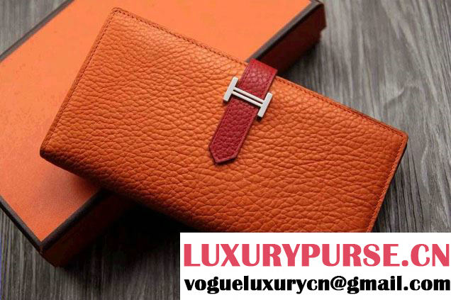 Hermes Epsom Calfskin Bi-Color Wallet with Gusset H Orange/Red 2014