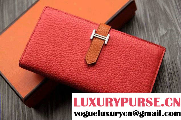 Hermes Epsom Calfskin Bi-Color Wallet with Gusset H Cerise/Orange 2014