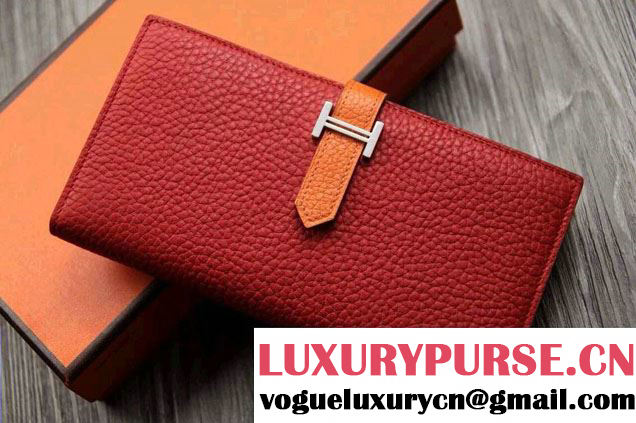 Hermes Epsom Calfskin Bi-Color Wallet with Gusset H Red/Orange 2014