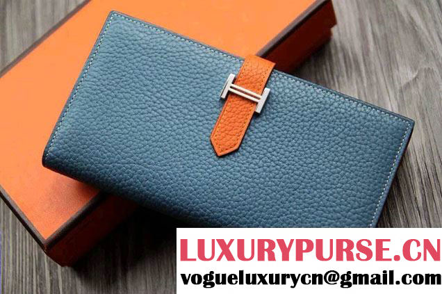 Hermes Epsom Calfskin Bi-Color Wallet with Gusset H Blue Jean/Orange 2014