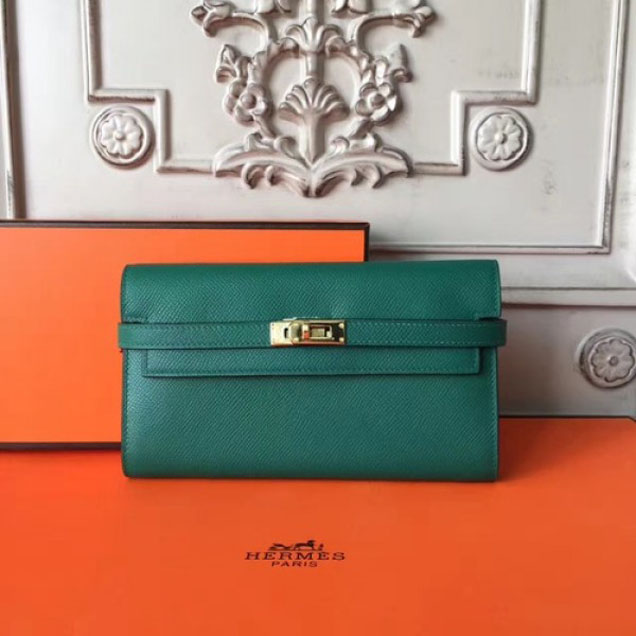 Hermes Kelly Wallet Epsom Leather Handstitched Gold Hardware Spring/Summer 2017 Collection, Malachite