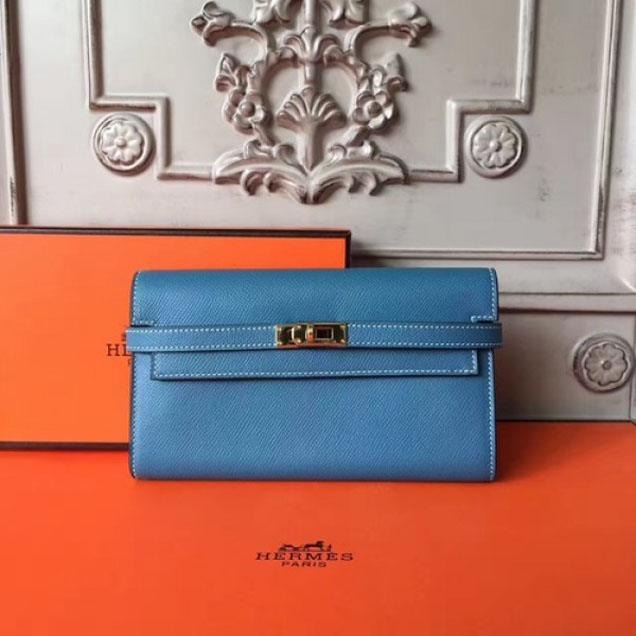 Hermes Kelly Wallet Epsom Leather Handstitched Gold Hardware Spring/Summer 2017 Collection, Turquoise Blue