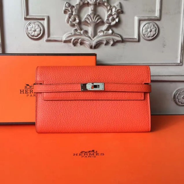 Hermes Kelly Wallet Togo Leather Handstitched Silver Hardware Spring/Summer 2017 Collection, Orange Poppy