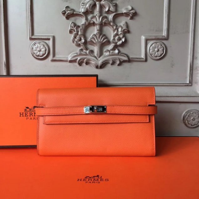 Hermes Kelly Wallet Epsom Leather Handstitched Silver Hardware Spring/Summer 2017 Collection, Orange Poppy