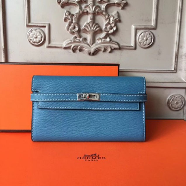 Hermes Kelly Wallet Epsom Leather Handstitched Silver Hardware Spring/Summer 2017 Collection, Blue Zanzibar