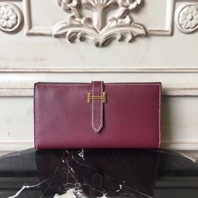 Hermes Bearn Wallet Swift Calfskin Leather Handstitched Gold Hardware, Burgundy