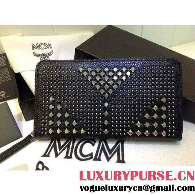 MCM Calfskin Studed Zip Wallet Black (3B031-6101201 )