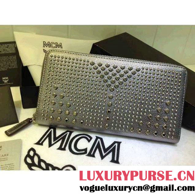 MCM Calfskin Studed Zip Wallet Black Silver (3B031-6101202 )