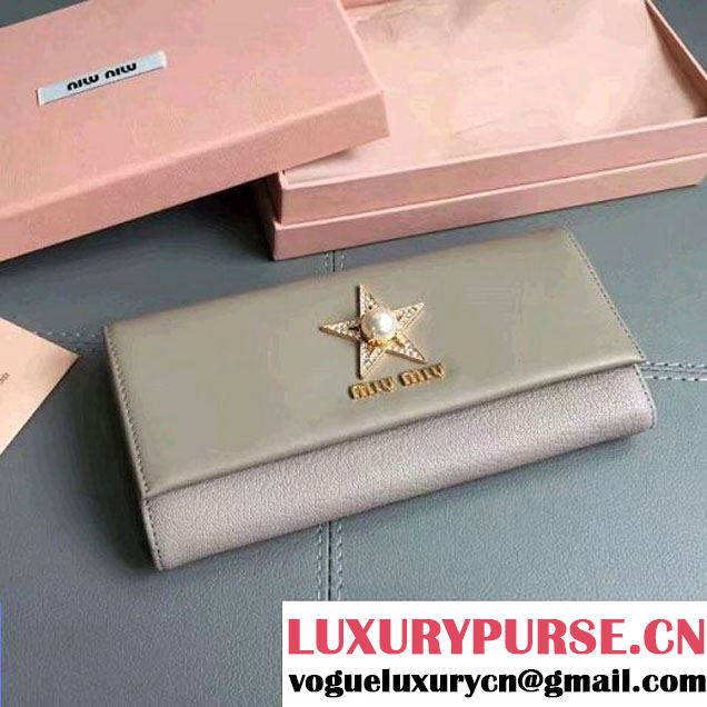 Miu Miu Goatskin Long Wallet With Crystal Star and Pearl 2MH373 Grey 2017 (JD-7062910 )