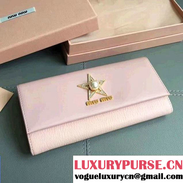 Miu Miu Goatskin Long Wallet With Crystal Star and Pearl 2MH373 Pale Pink 2017 (JD-7062913 )