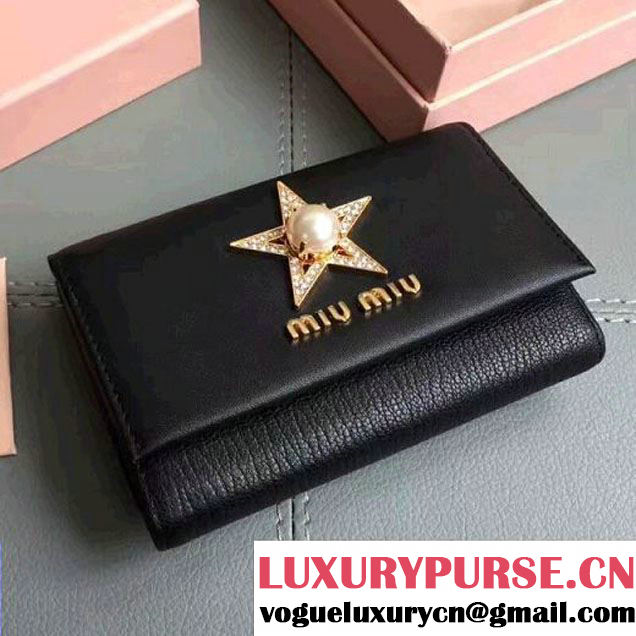 Miu Miu Goatskin Short Wallet With Crystal Star and Pearl 2MH373 Black 2017 (JD-7062916 )