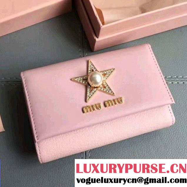 Miu Miu Goatskin Short Wallet With Crystal Star and Pearl 2MH373 Pale Pink 2017 (JD-7062918 )