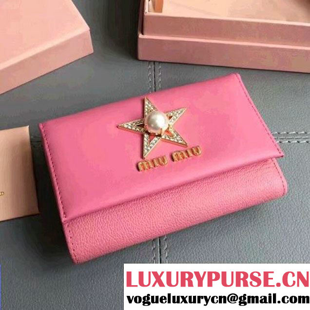 Miu Miu Goatskin Short Wallet With Crystal Star and Pearl 2MH373 Pink 2017 (JD-7062919 )