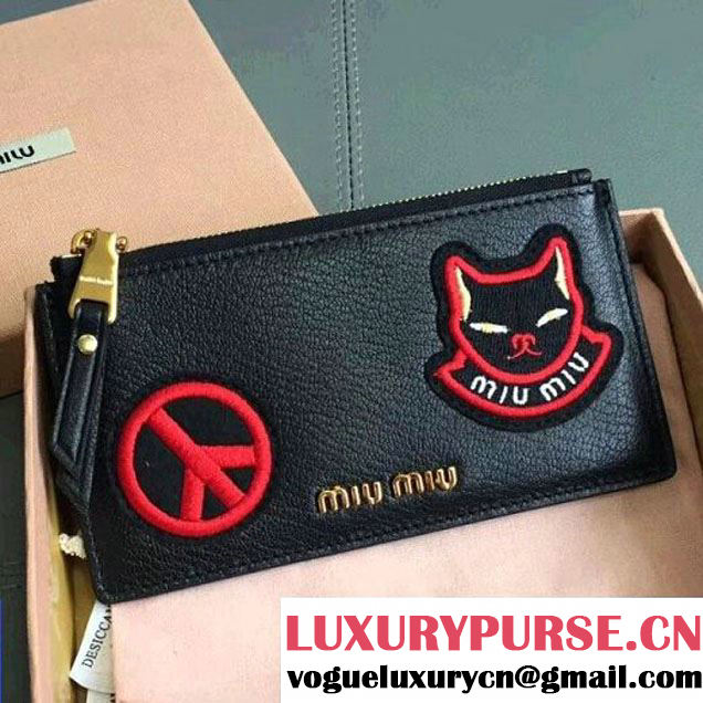 Miu Miu Goatskin Card Holder Wallet With Embroidery Patch 5MB006 Black 2017 (JD-7112024 )