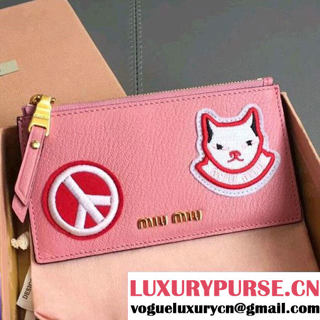 Miu Miu Goatskin Card Holder Wallet With Embroidery Patch 5MB006 Pink 2017 (JD-7112023 )