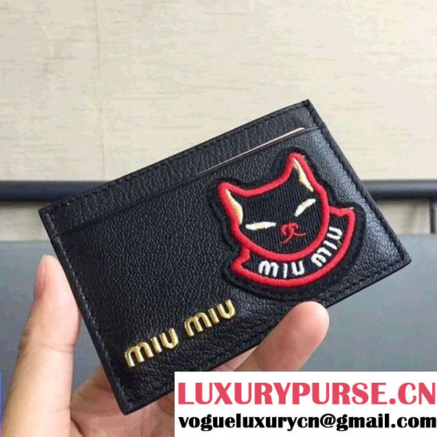 Miu Miu Goatskin Card Holder With Cat Embroidery Patch 5MC208B Black 2017 (JD-7112022 )