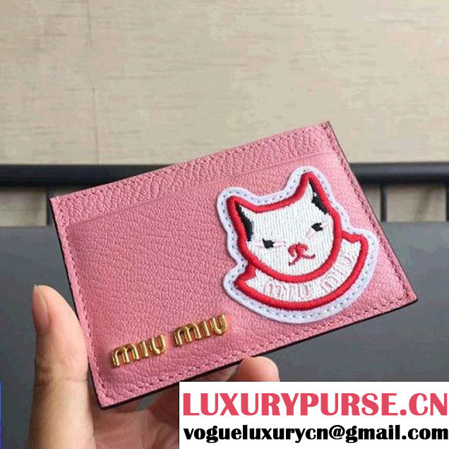 Miu Miu Goatskin Card Holder With Cat Embroidery Patch 5MC208B Pink 2017 (JD-7112020 )