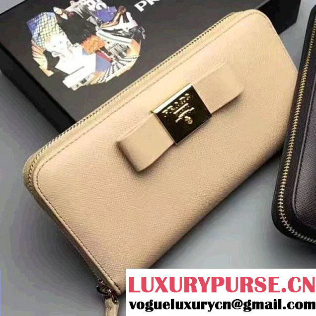 Prada Saffiano leather Zip wallet with metal bow 1ML506 Beige (1A069-7050420 )