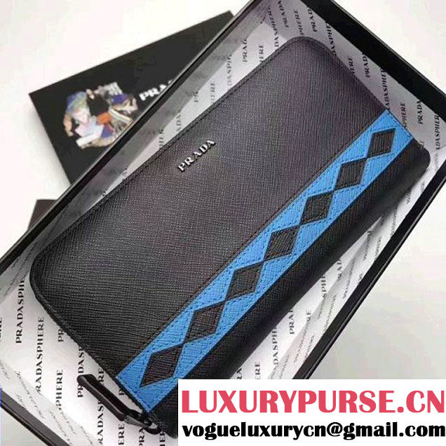 Prada Saffiano Leather Flap Wallet With Multicolored Greek Key Motif 1MH132 Black/Blue 2017 (WY-7060307 )