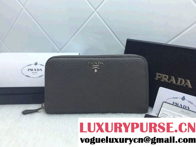 Prada Clemence Leather Zip-Around 1M0506 Wallet Dark Gray