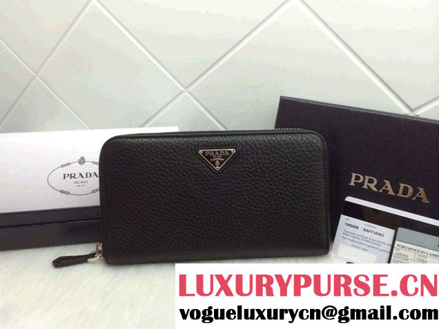 Prada Clemence Leather Triangel Zip-Around 1M0506 Wallet Black