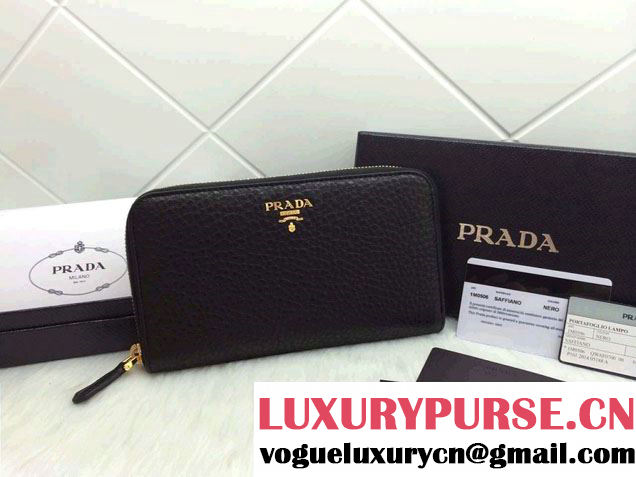 Prada Clemence Leather Zip-Around 1M0506 Wallet Black