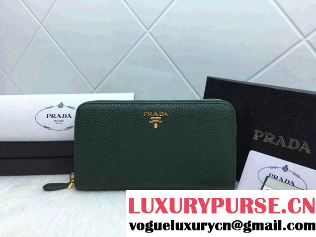 Prada Clemence Leather Zip-Around 1M0506 Wallet Green