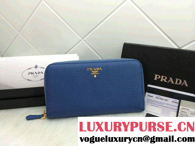 Prada Clemence Leather Zip-Around 1M0506 Wallet Blue